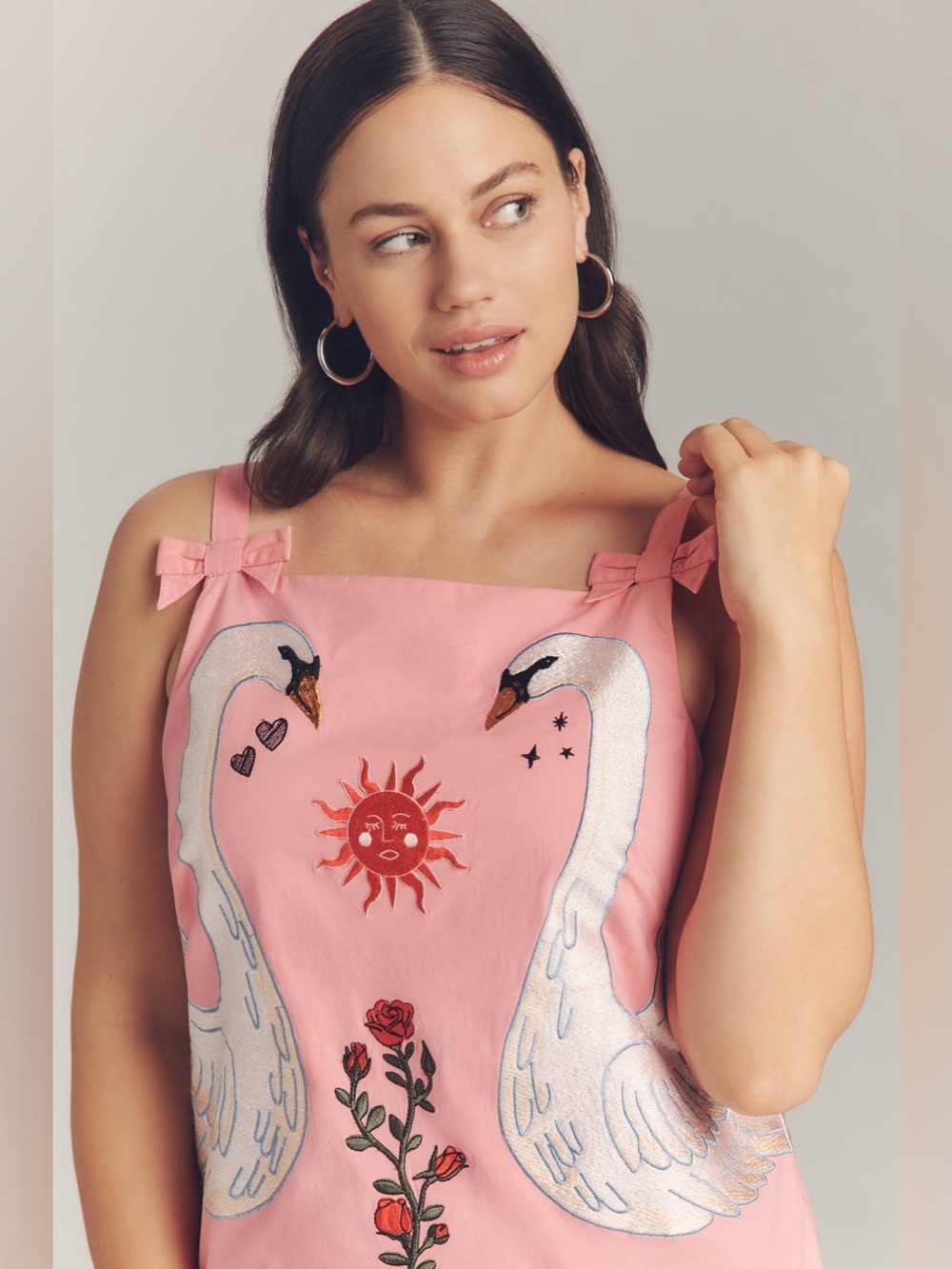 Anthropologie Pink Embroidered Swan Mini Dress - Picture 3 of 7